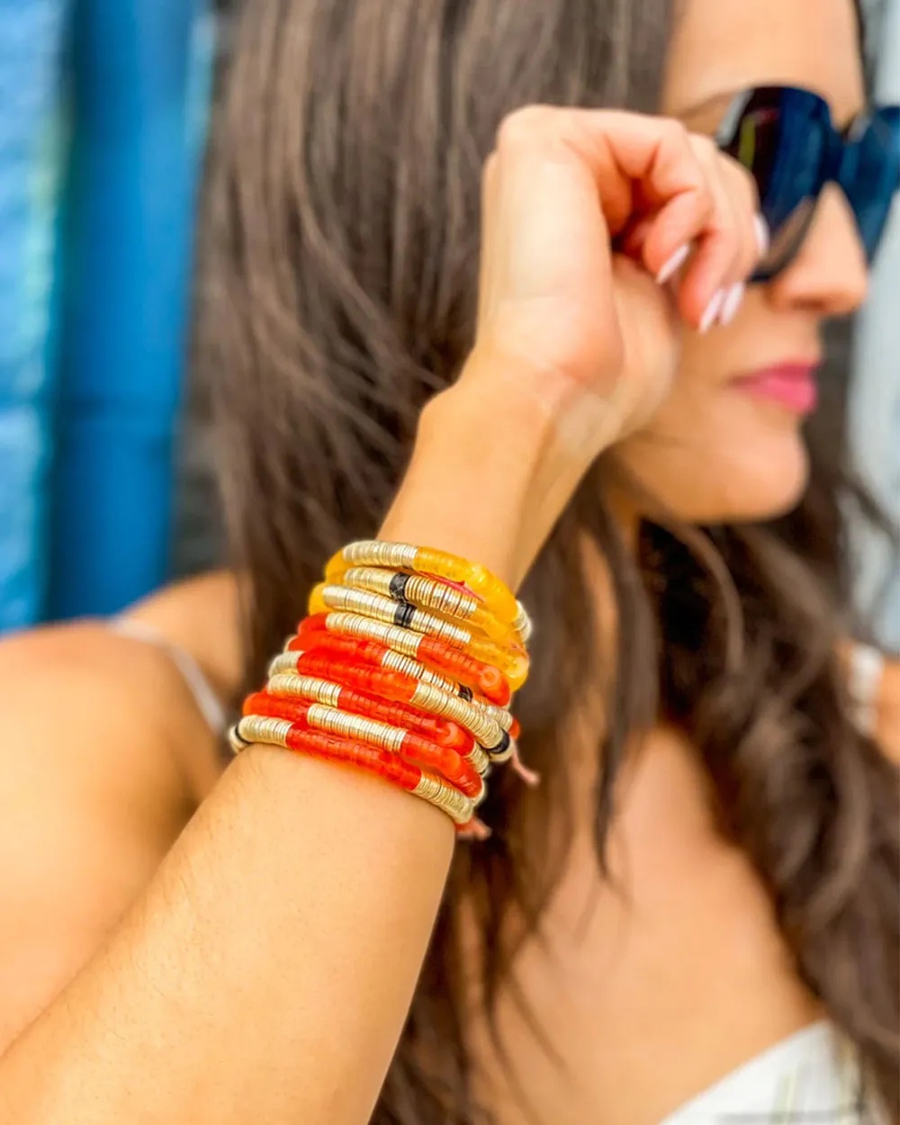 14k Gold and Orange Acrylic Stretch Bracelet