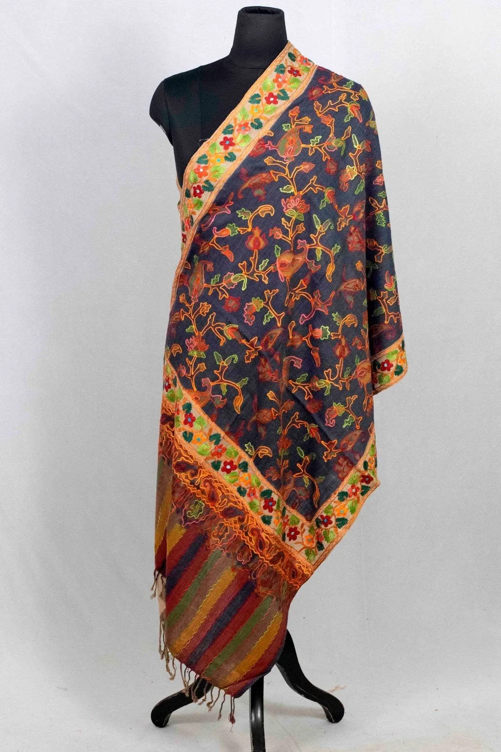 Charcoal Grey  Color Aari Work Embroidered Stole Enriched With Running Jaal Pattern