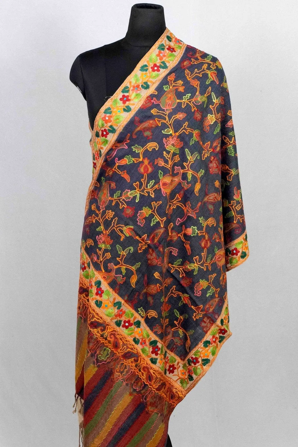 Charcoal Grey  Color Aari Work Embroidered Stole Enriched With Running Jaal Pattern