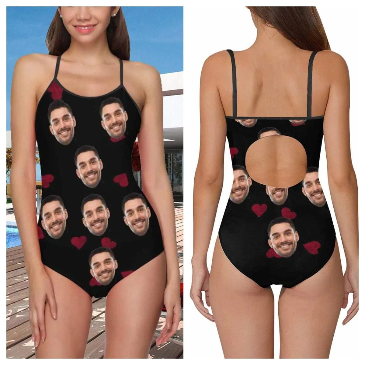 Couple Matching Swimwear Custom Face Swimsuit Personalized Love Heart Women's Slip One Piece Bathing Suit Birthday Valentine's Gift