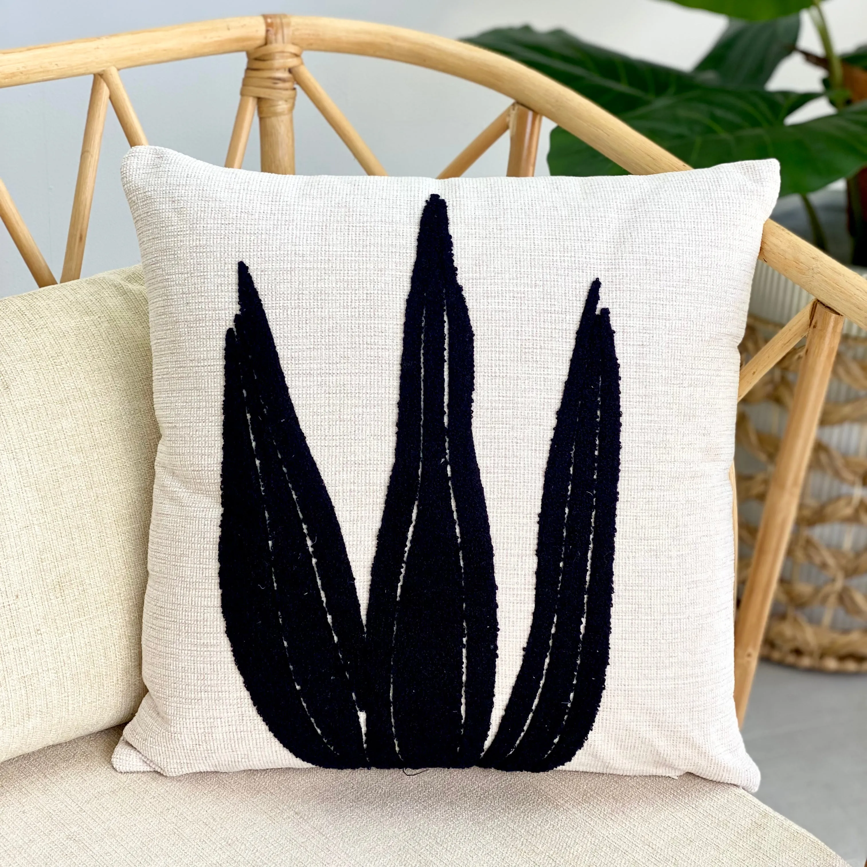 Embroidered Black Leaves Pillow