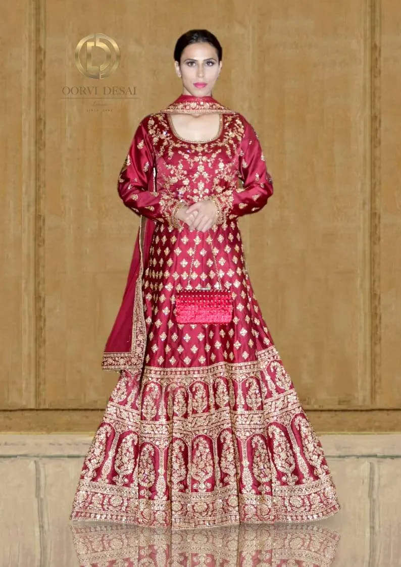 Maroon Pure Silk Anarkali Set with Gold Reshamwork and Dupatta