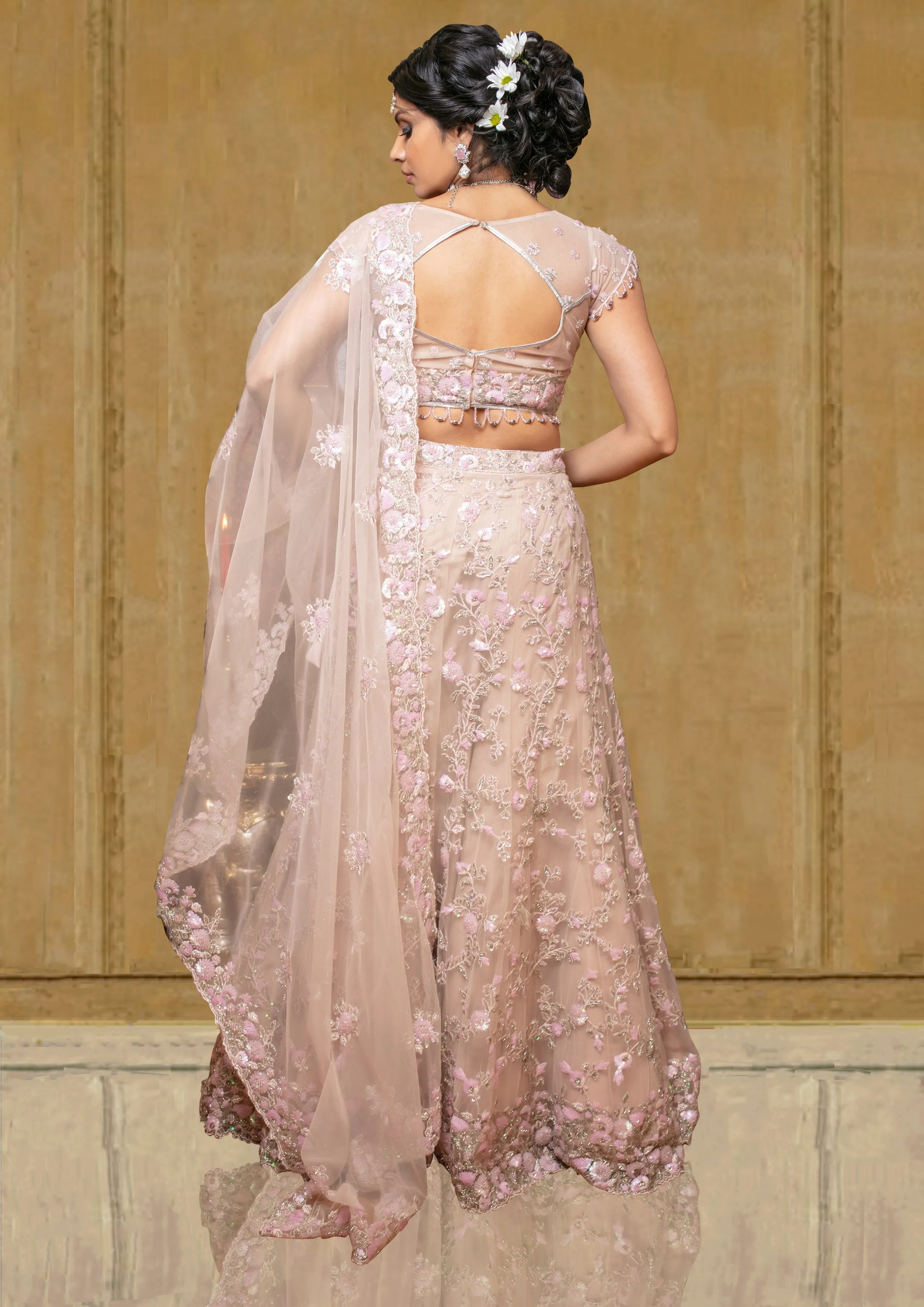 Pastel Light Pink Embroidered Net Bridal Lehenga For Reception