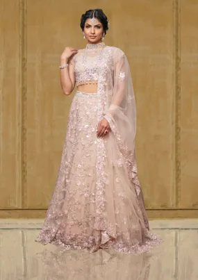 Pastel Light Pink Embroidered Net Bridal Lehenga For Reception