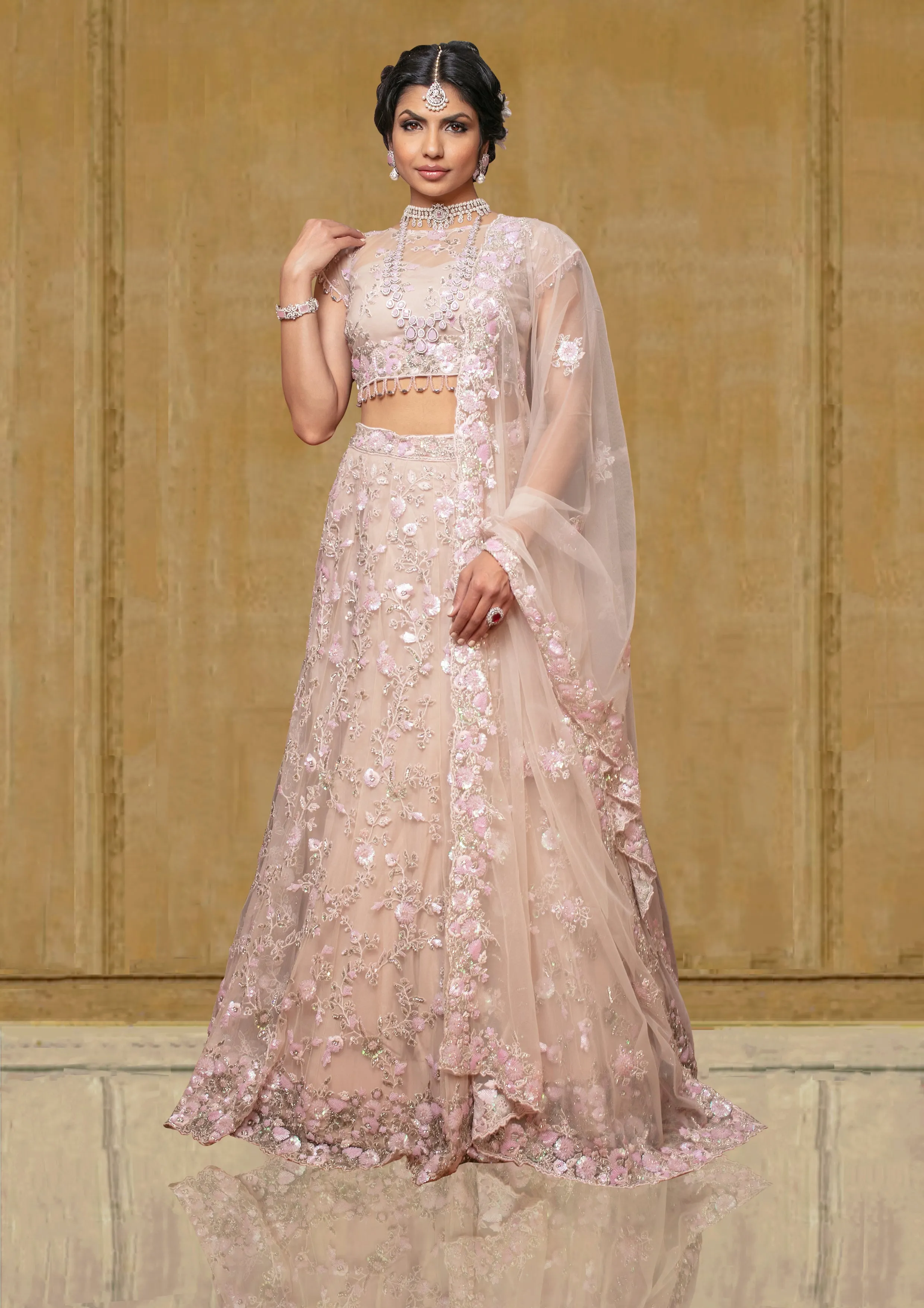 Pastel Light Pink Embroidered Net Bridal Lehenga For Reception