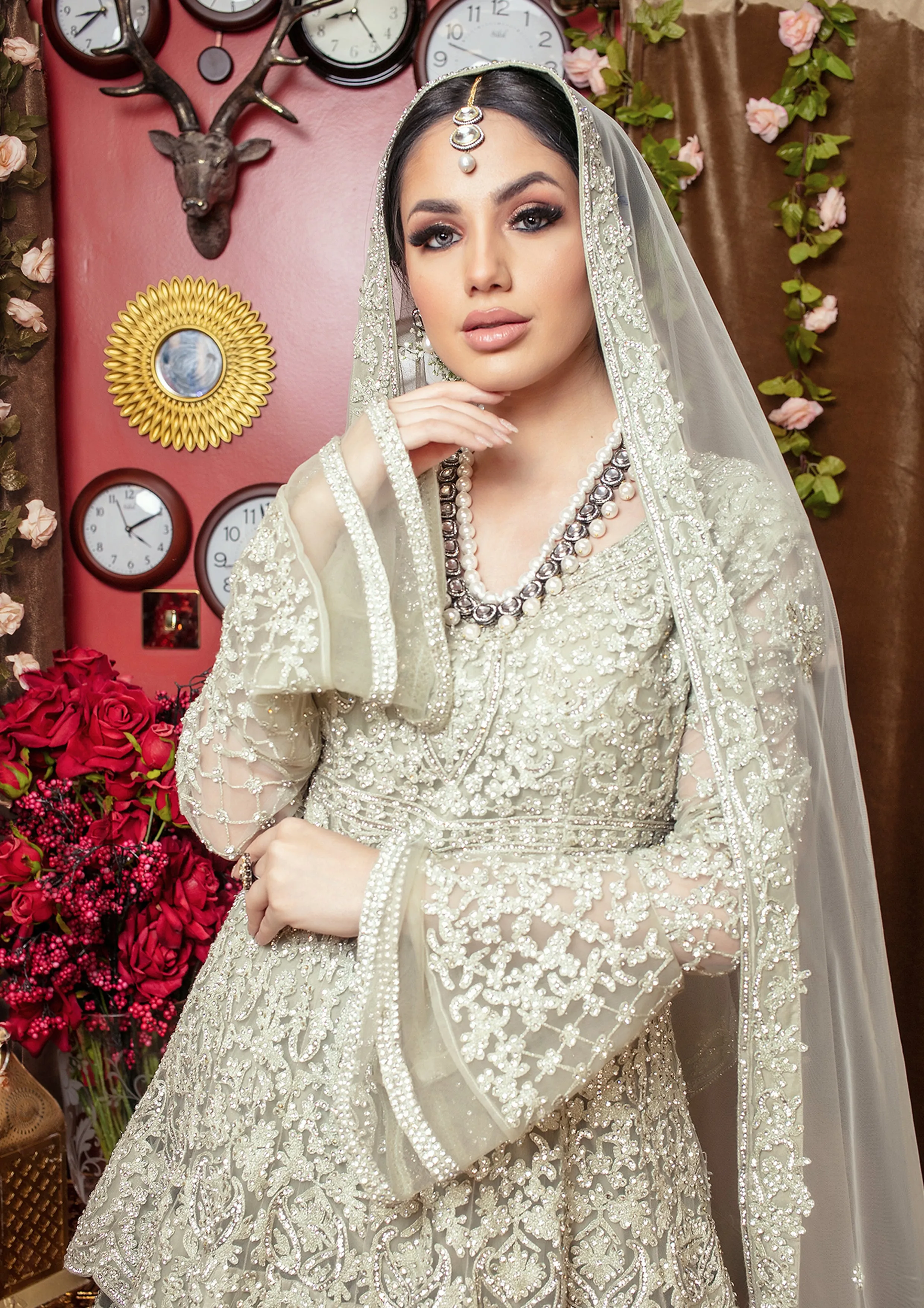 Traditional Pistachio Mint Long-sleeved Peplum Top Bridal Net Lehanga