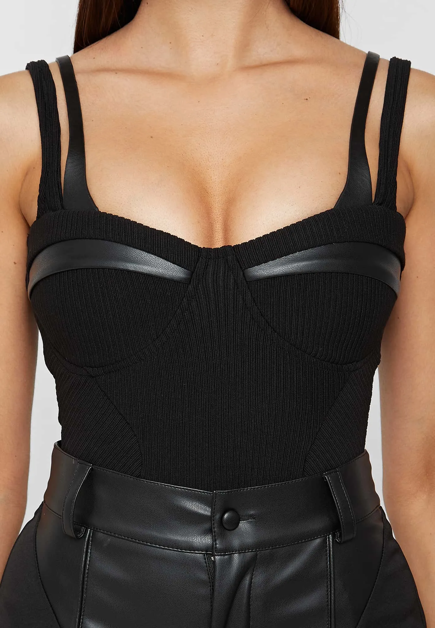 Twin Strap Ribbed Bodysuit - Black