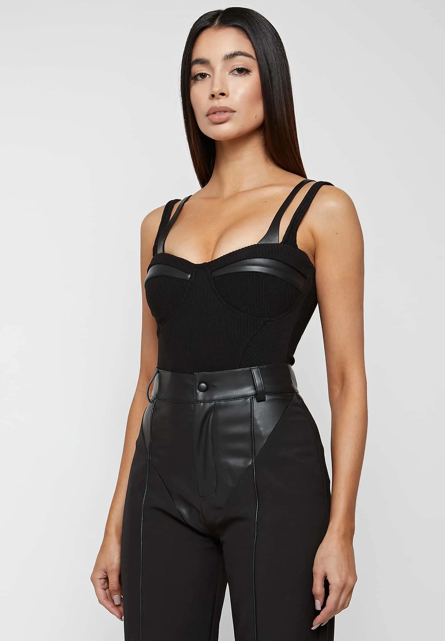 Twin Strap Ribbed Bodysuit - Black